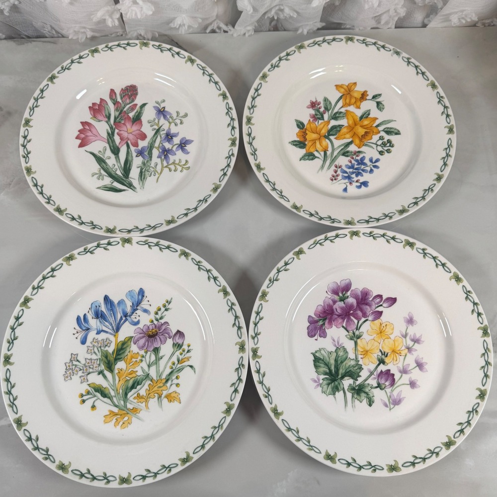 Thomson Pottery Floral Garden Dinner Plates Assorted Flower Designs Set of 4
